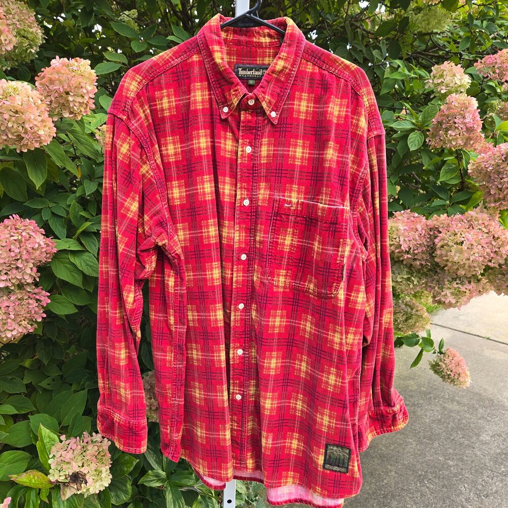 Vintage Timberland Weathergear Red Print Fine Wale Corduroy Shirt size Large